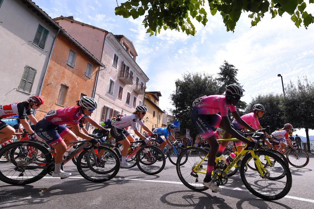 TIVOLI ITALY SEPTEMBER 14 Teniel Campbell of Trinidad and Tobago and Team Valcar Travel Service Leah Kirchmann of Canada and Team Sunweb Village Peloton Landscape during the 31st Giro dItalia Internazionale Femminile 2020 Stage 4 a 1703km stage from Assisi to Tivoli 237m GiroRosaIccrea GiroRosa on September 14 2020 in Tivoli Italy Photo by Luc ClaessenGetty Images
