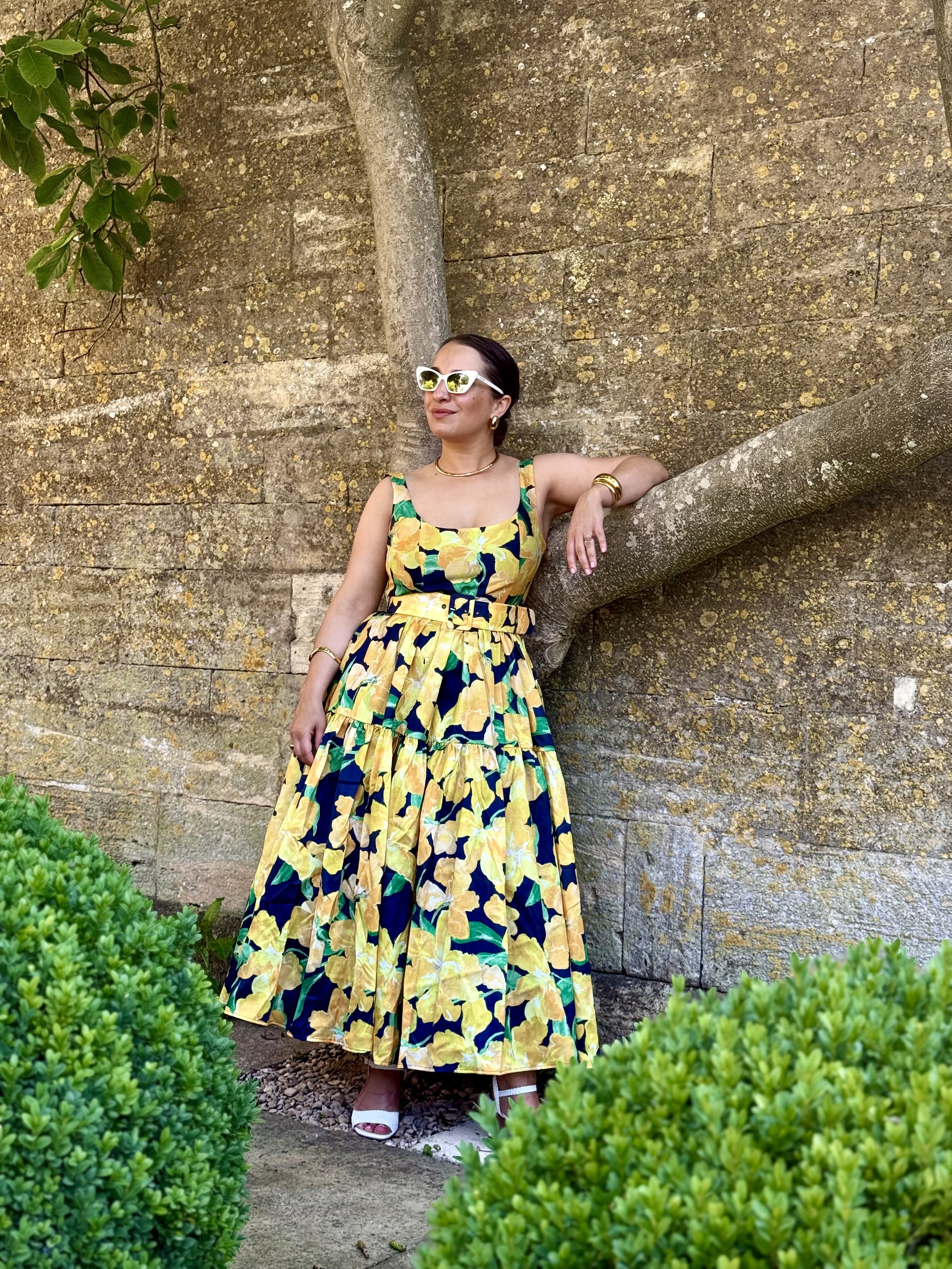 floral yellow printed fit-and-flare dress