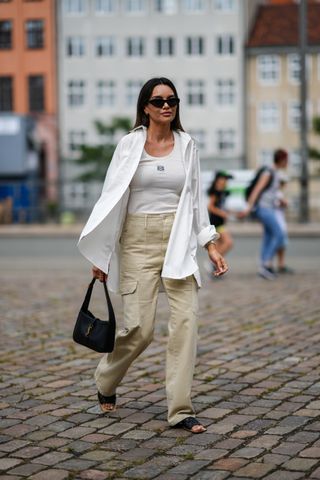 street style: white tank, white blouse, trousers