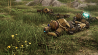 Soldiers lie in wait in the grass.