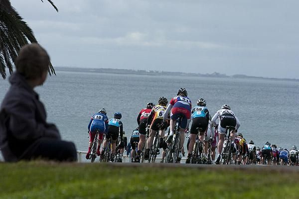 A young spectator watches the girls do their thing around the roads of Geelong's Eastern Gardens.