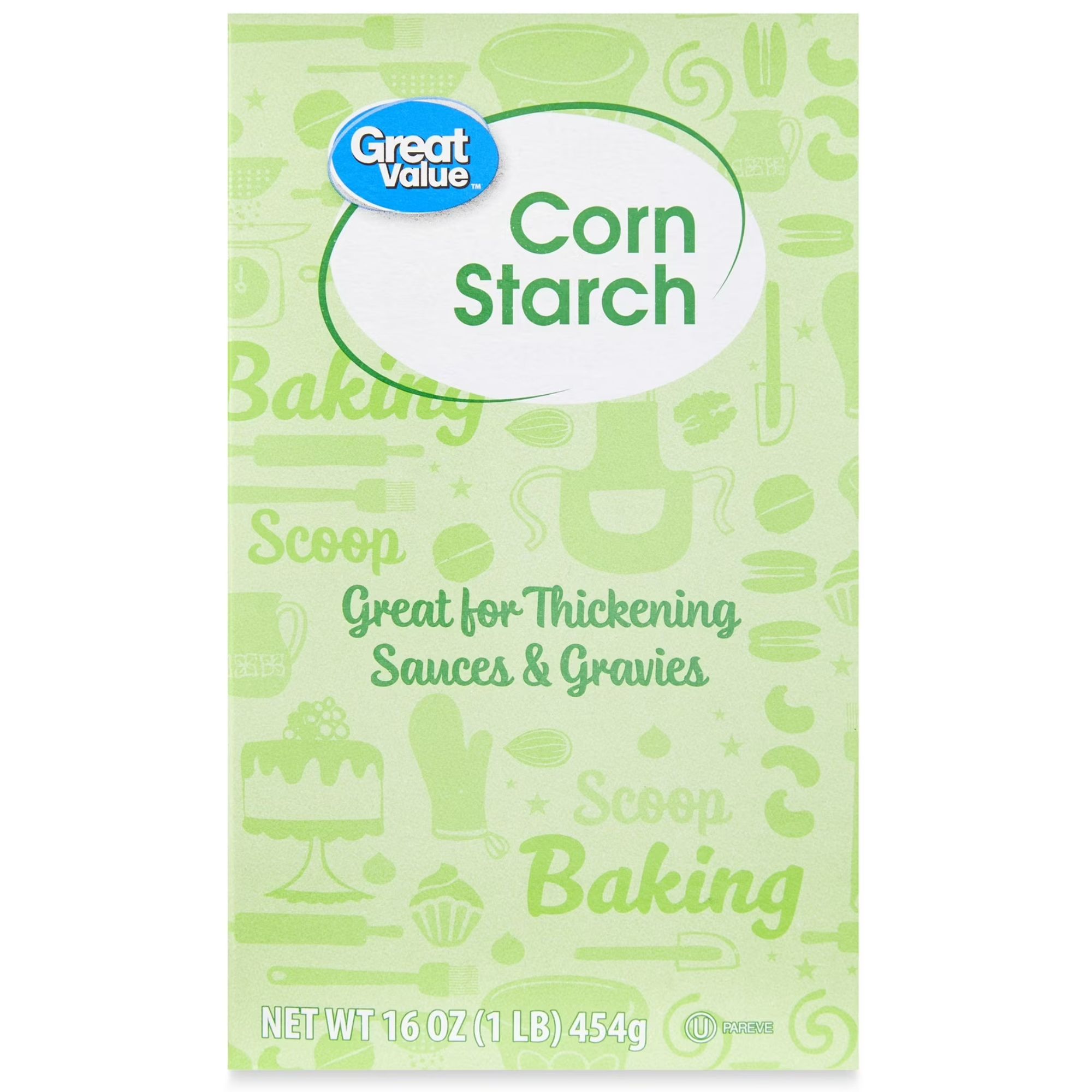 A green cardboard box of corn starch