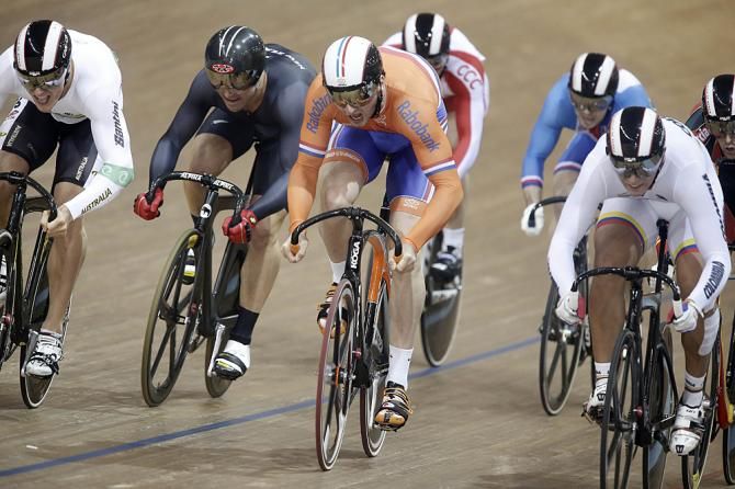 Dutchman Hugo Haak leads out the sprint in the keirin heat.