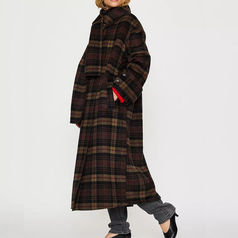 checked maxi coat with scarf
