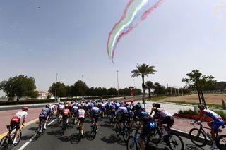 ABU DHABI UNITED ARAB EMIRATES FEBRUARY 21 A general view of the peloton passing through a landscape during the 4th UAE Tour 2022 Stage 2 a 176km stage from Hudayriyat Island to Abu Dhabi Breakwater UAETour WorldTour on February 21 2022 in Abu Dhabi United Arab Emirates Photo by Tim de WaeleGetty Images