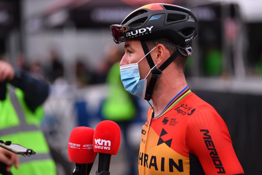 SCHOTEN BELGIUM OCTOBER 14 Start Mark Cavendish of United Kingdom and Team Bahrain Mclaren Press Media Social distance Mask Covid safety measures Team Presentation during the 108th Scheldeprijs 2020 a 1733km stage from Schoten to Schoten Scheldeprijs FlandersClassic SP20 on October 14 2020 in Schoten Belgium Photo by Luc ClaessenGetty Images