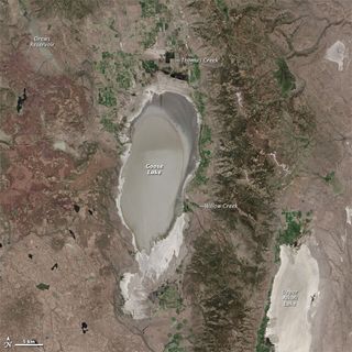 Aerial view of Goose Lake on the border between California and Oregon taken June 3, 2013, NASA Earth Observatory Landsat 8 - OLI.