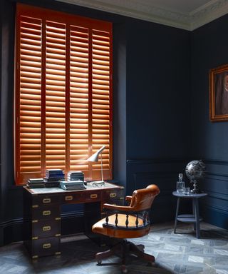 Dark navy office with shutters by Shutterly Fabulous