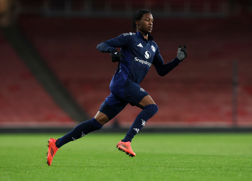 Victor Musa of Manchester United looks on during the FA Youth Cup Quarter Final match between Arsenal U18 and Manchester United U18 at Emirates Stadium on February 28, 2025 in London, England.