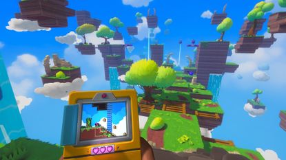 Screenbound screenshot showcasing the 3D world in the background with sky and clouds and Qboy in foreground