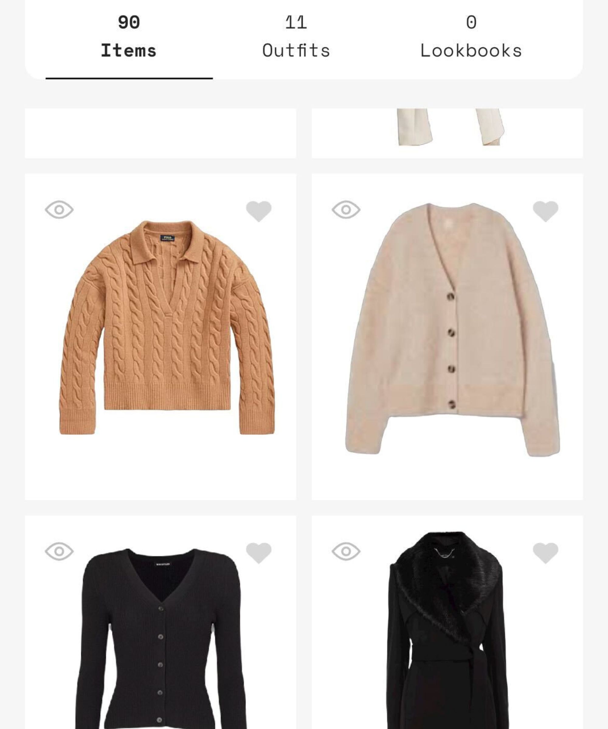 A collection of clothing in a closet app