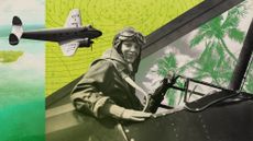 Photo collage of Amelia Earhart, an antique plane, and Pacific atolls