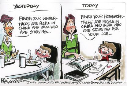 Editorial Cartoon U.S. China India Jobs Report capitalism hunger cliche
