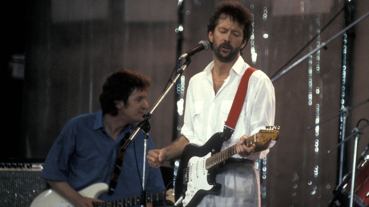 Eric Clapton performs at the &quot;Live Aid Concert&quot; on July 13, 1985 at JFK Stadium in Philadelphia, Pennsylvania. 