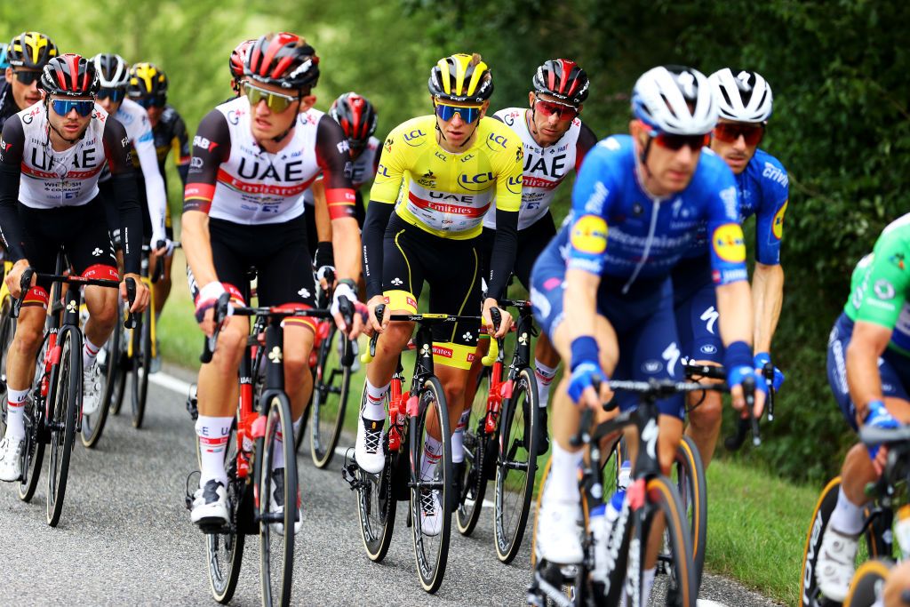 SAINTLARYSOULAN COL DU PORTET FRANCE JULY 14 Tadej Pogaar of Slovenia and UAETeam Emirates Yellow Leader Jersey and Teammates during the 108th Tour de France 2021 Stage 17 a 1784km stage from Muret to SaintLarySoulan Col du Portet 2215m LeTour TDF2021 on July 14 2021 in SaintLarySoulan Col du Portet France Photo by Tim de WaeleGetty Images