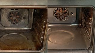 Before and after of oven cleaned with baking soda
