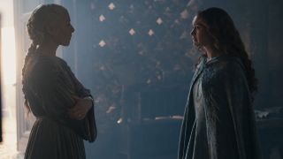 Rhaenyra and Alicent stare at each other in House of the Dragon season 2 episode 8