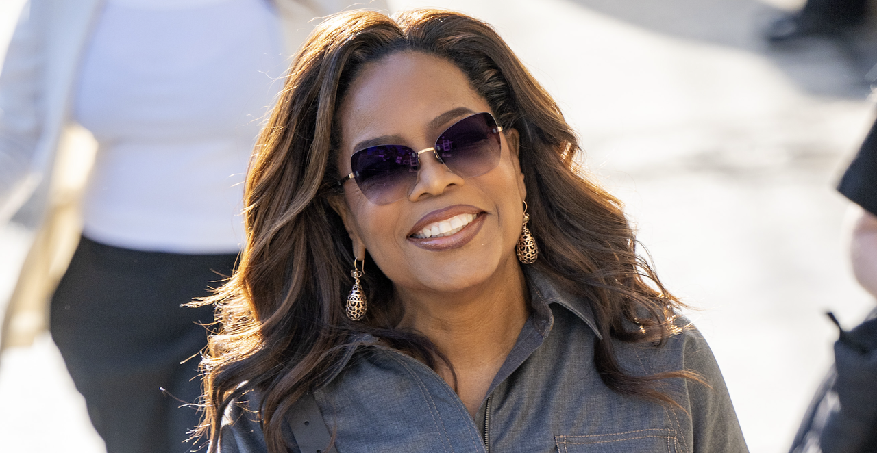 Oprah Winfrey is seen at &quot;Jimmy Kimmel Live&quot; on September 17, 2024 in Los Angeles, California wearing chloe sneakers and a denim jumpsuit