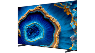 TCL C805K 98-inch TV with a blue and gold pattern on screen on a white background