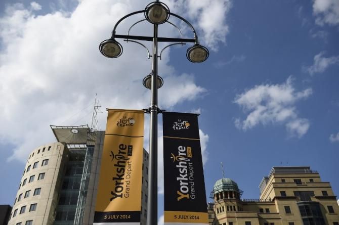 All across Yorkshire light posts are draped in Tour de France finery