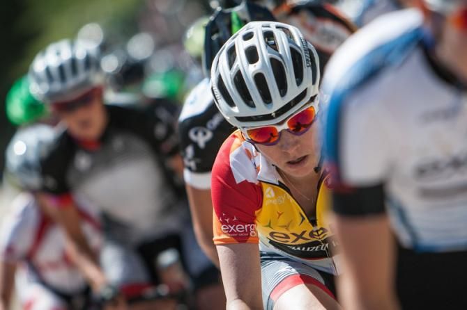 Amber Neben (Specialized-Lululemon) riding in the yellow jersey at the Exergy Tour.