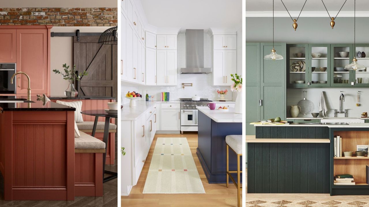 three kitchen designs in coral, white and green 