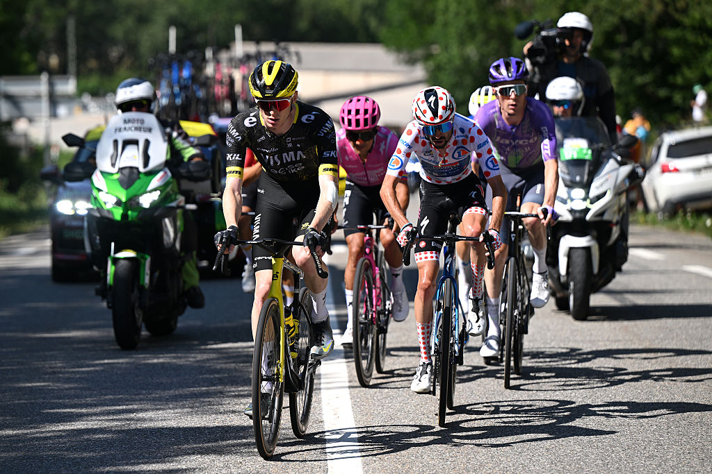 ORCIERES, FRANCE - JULY 23: (L-R) Matteo Jorgenson of United States and Team Visma | Lease a Bike, Valentin Paret-Peintre of France and Team Soudal Quick-Step - Polka Dot Mountain Jersey and Mauro Schmid of Switzerland and Team Jayco AlUla compete in the breakaway during the 113th Tour de France 2026, Stage 18 a 185.2km stage from Voiron to Orcieres-Merlette 1825m / #UCIWT / on July 23, 2026 in Orcieres, France. (Photo by Dario Belingheri/Getty Images)