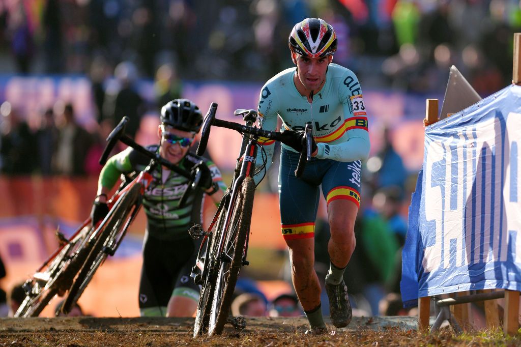 TABOR CZECH REPUBLIC NOVEMBER 16 Felipe Orts Lloret of Spain and Cyclo Cross Team Teika Gsport BH Kevin Suarez Fernandez of Spain and Team Nesta Skoda Alecar CX Team during the 23rd Tabor World Cup 2019 Men Elite UCICX TelenetUCICXWC on November 16 2019 in Tabor Czech Republic Photo by Luc ClaessenGetty Images