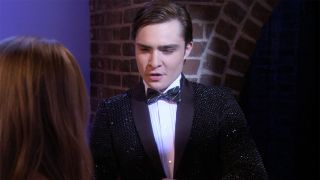 Ed Westwick in a bedazzled suit during the Snowflake Ball on Gossip Girl.