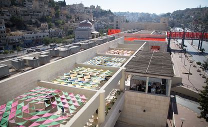Colourful canopies that covered the Amman Design Week Craft District at the Raghadan Bus Terminal