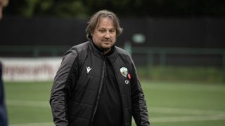 The New Saints FC's English Head Coach Craig Harrison takes a Men's First Team training session at their home stadium, Park Hall, near Oswestry, England on September 26, 2024. Following a 3-0 aggregate win over FK Panevezys in the play-offs of the UEFA Conference League, The New Saints have become the first club from the Cymru Premier, Wales's top division, to reach the group phase of a European competition.