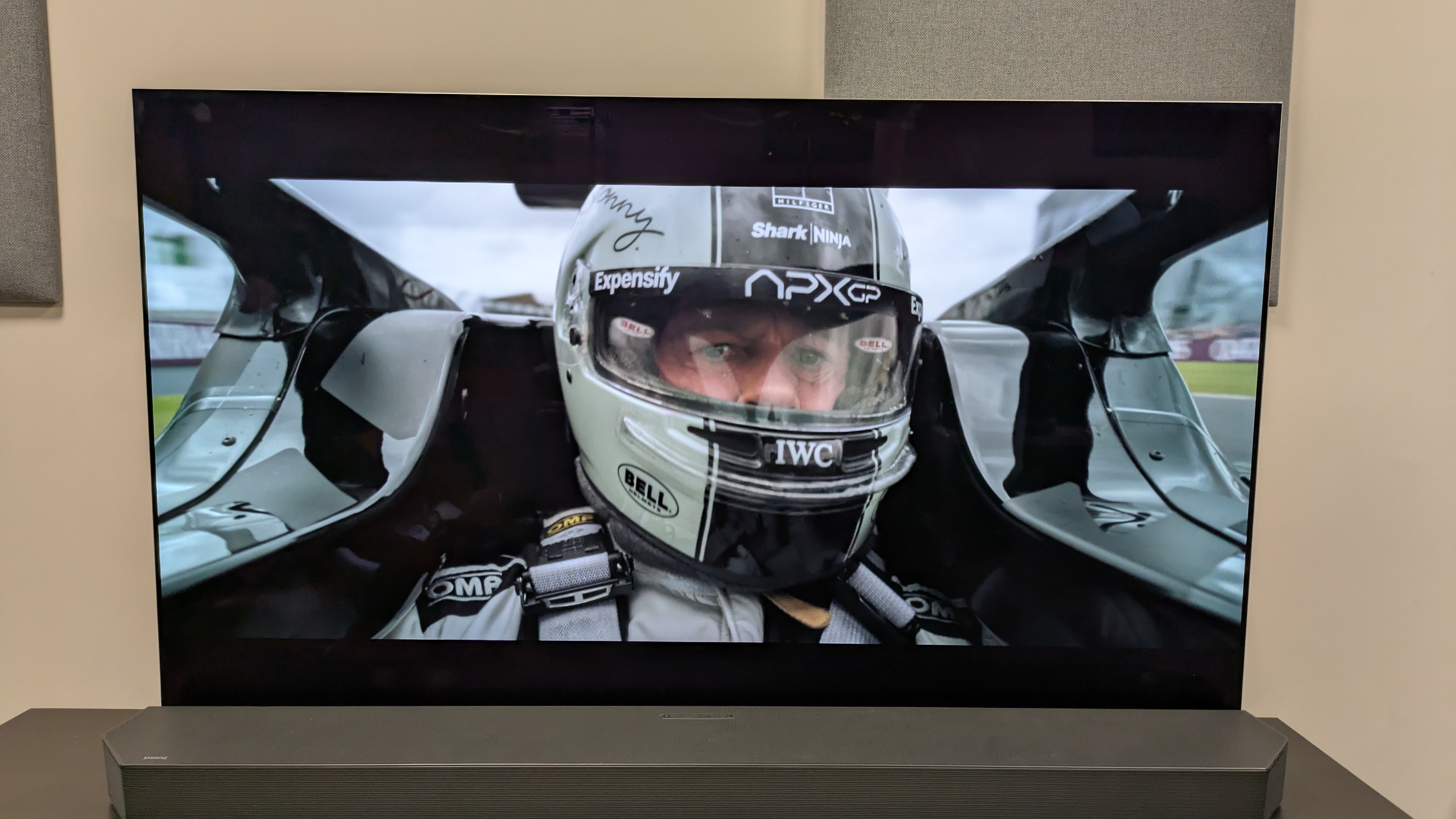 F1 4K Blu-ray showing a close-up shot of Sonny in the cockpit of an F1 car on LG G5 