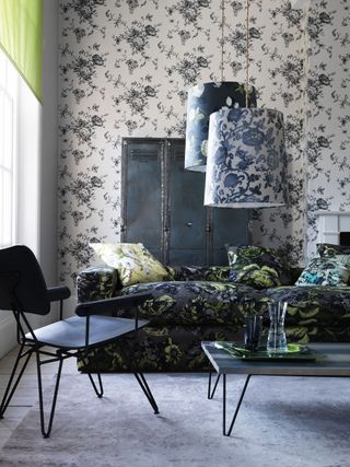 Floral living room with black floral sofa