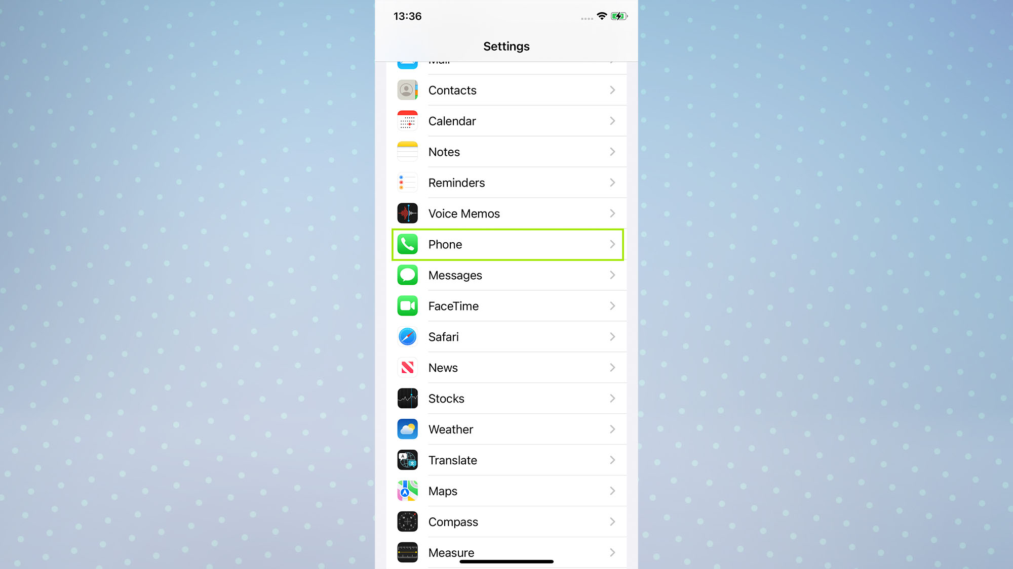 A screenshot of an iPhone screen showing the Settings app with Phone highlighted