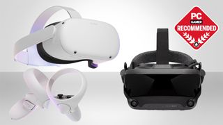 Two VR headsets on a white gradient background with a PC Gamer Recommended badge in the top right
