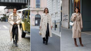 A composite of street style influencers showing autumn outfit ideas - trench and trousers