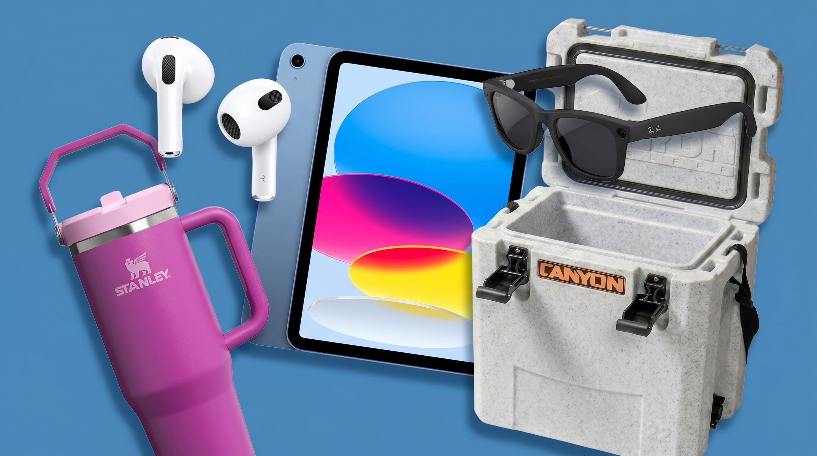 A selection of products on a blue background.