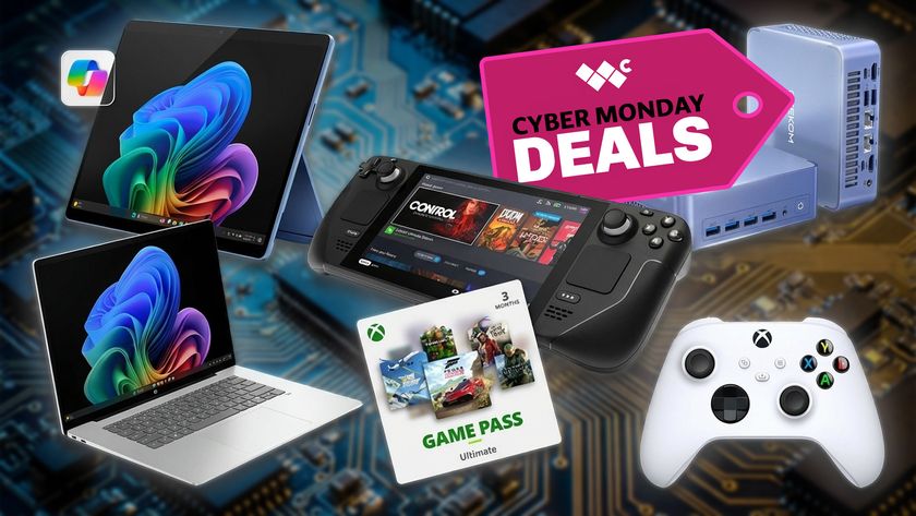 Microsoft Surface, Microsoft Laptop, Xbox Game Pass, Valve Steam Deck, Geekom mini PC, and Xbox controller with a motherboard style background and &quot;Cyber Monday deals&quot; at Windows Central
