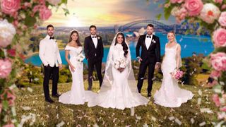 The brides and grooms standing in wedding outfits against a background with Sydney Harbour Bridge in the distance.