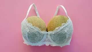 melons in a white lacy bra on a pink backdrop meant to symbolize breasts