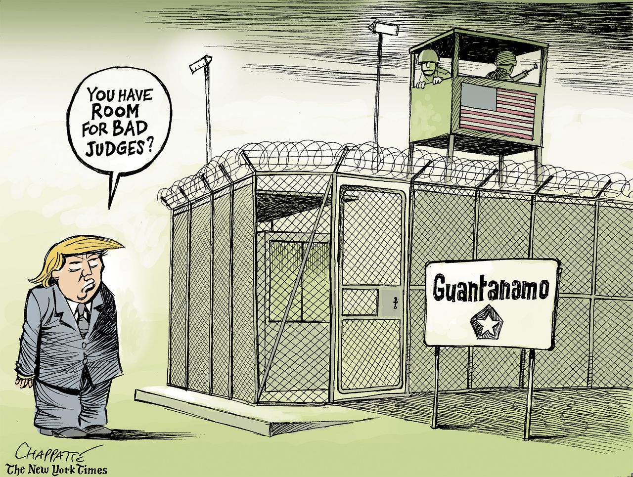 Political Cartoon U.S. Donald Trump judiciary system bad judges Guantanamo