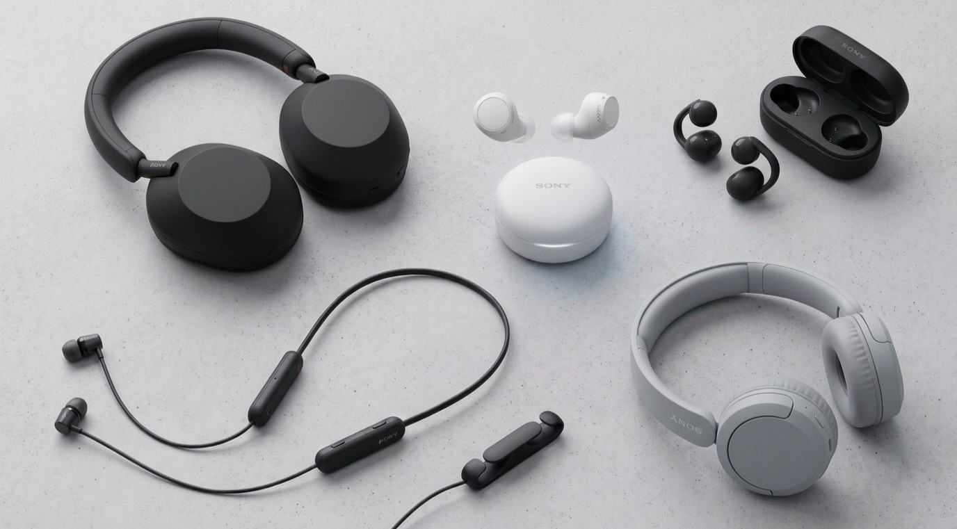 A collage of Sony headphones and earbuds
