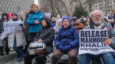 Pro-Palestinian Jewish Americans gather outside the ICE headquarters at the emergency rally to release Palestinian Green Card holder and Columbia University graduate Mahmoud Khalil and reject mass deportations of Trump Administration on Thursday evening, March 20, 2025, at Foley Square, New York City, United States