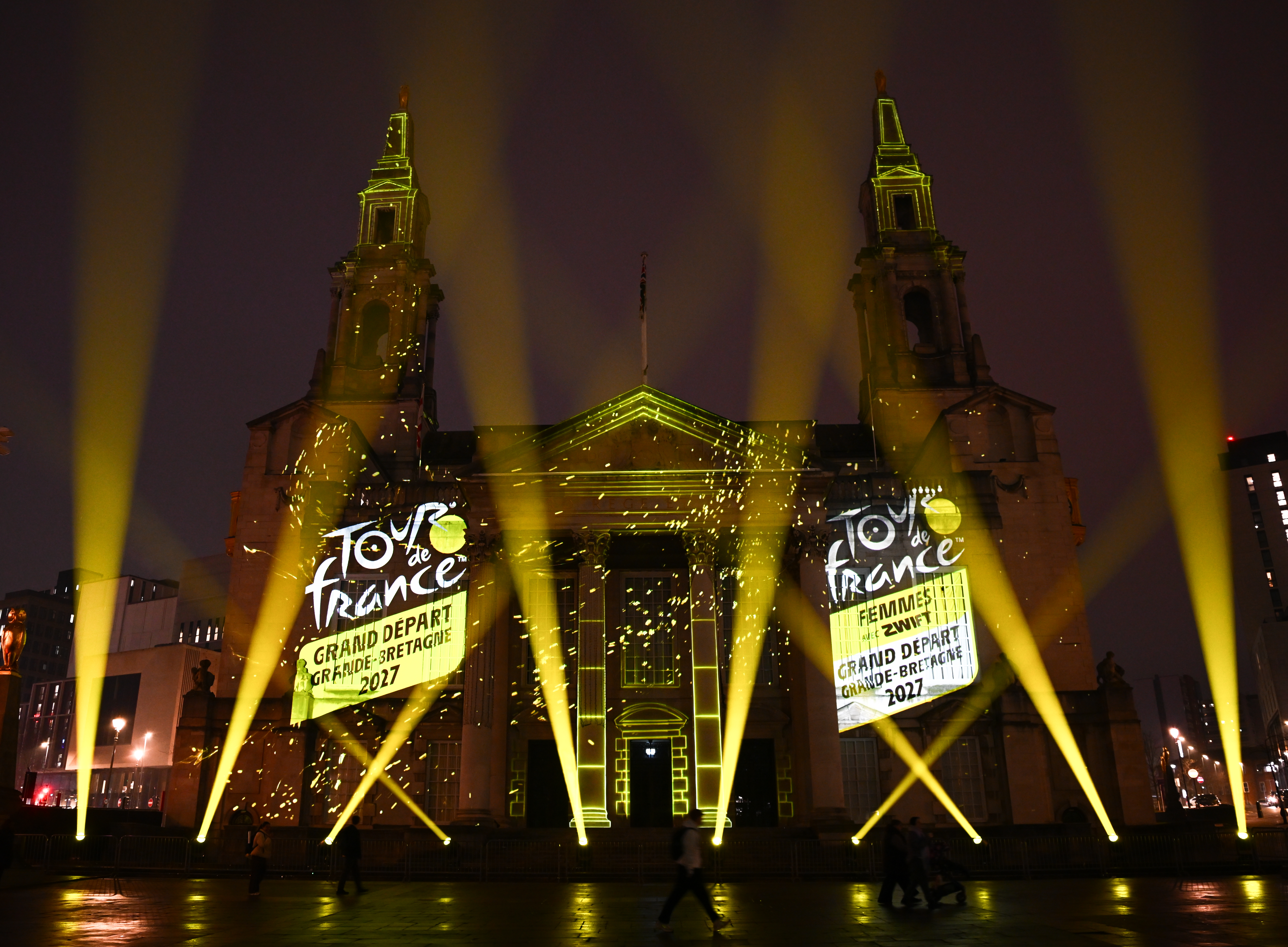 Leeds Civic Hall lit up with the Tour de France logos