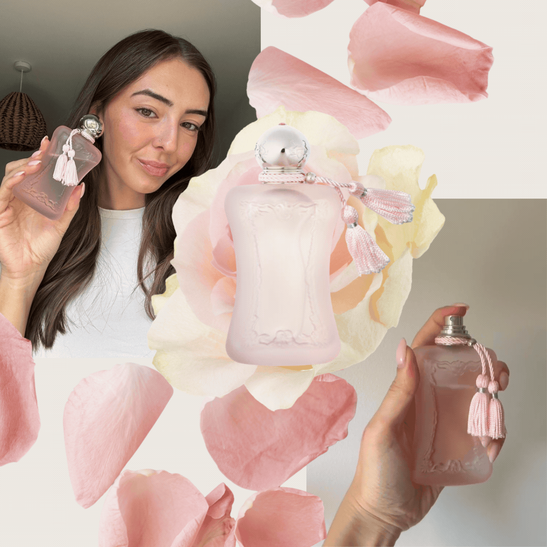 A picture of Digital Beauty Writer, Sennen Prickett holding a bottle of Parfums de Marly's Delina La Rose&amp;eacute; perfume, in a collage featuring a product shot of the fragrance and stock images of roses and petals, as well as a GIF of Sennen spraying the perfume.