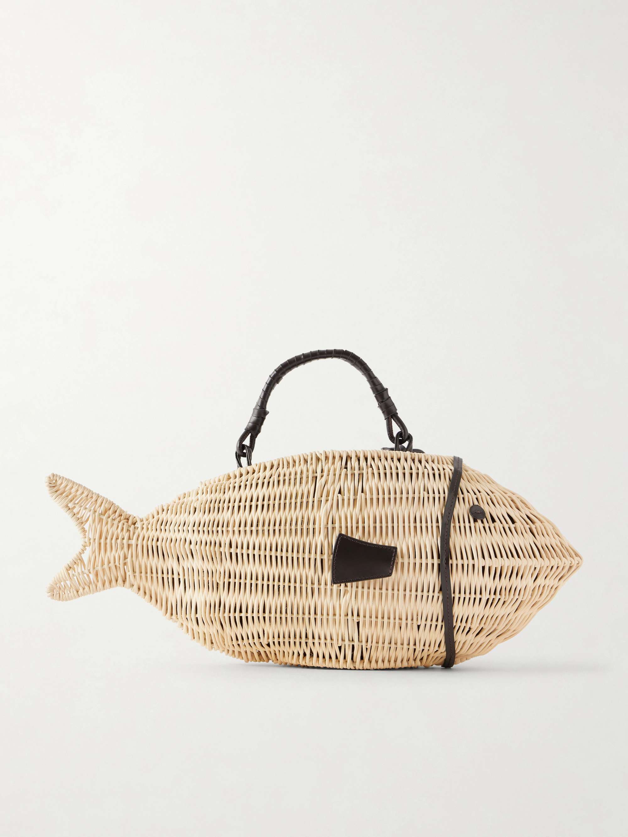 Cleo Fish Mini Leather-Trimmed Raffia Tote