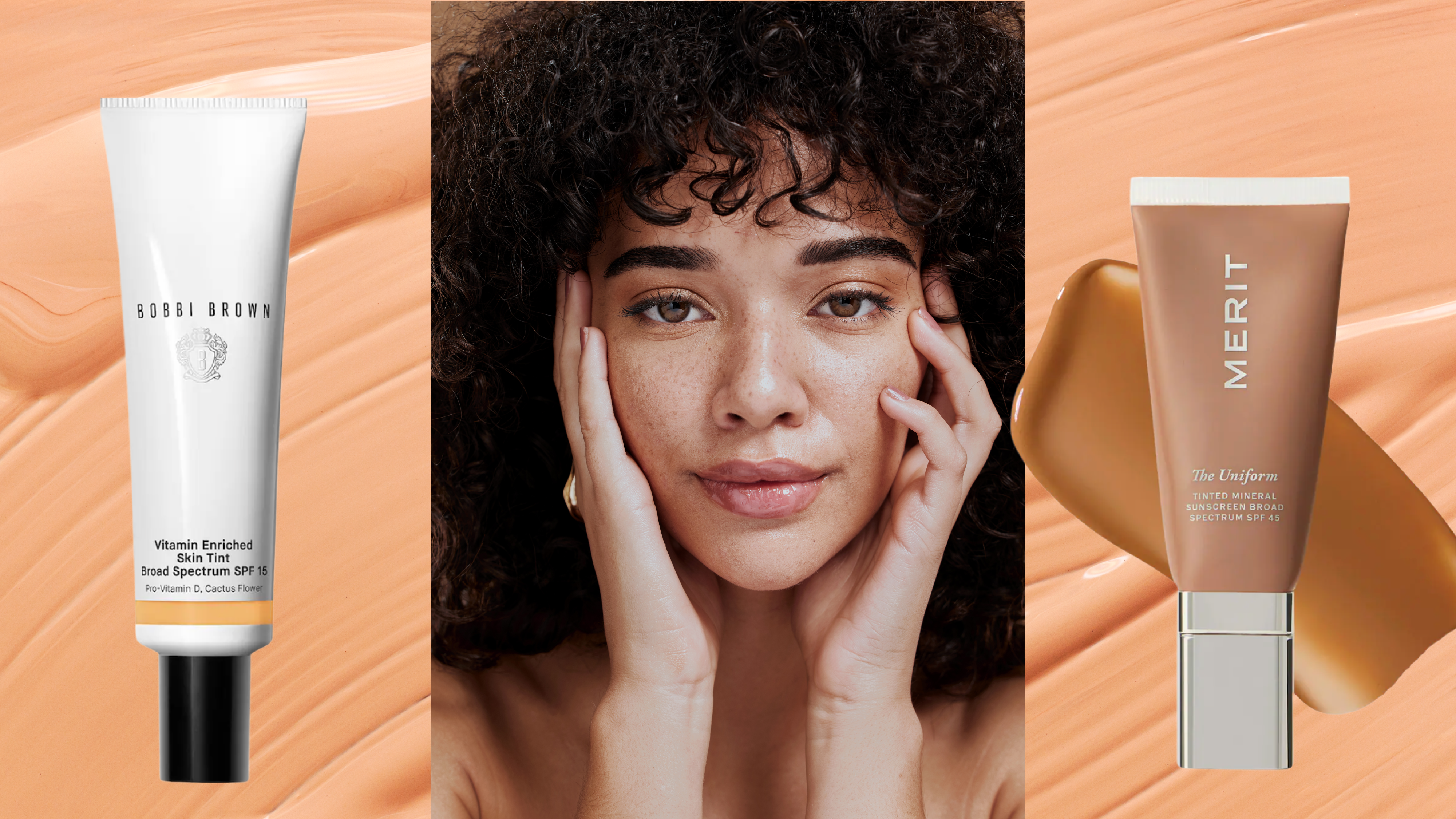 A woman with curly hair and glowing skin beside two bottles of tinted moisturizer that have spf. All images are in front of a macro shot of a foundation swipe. 