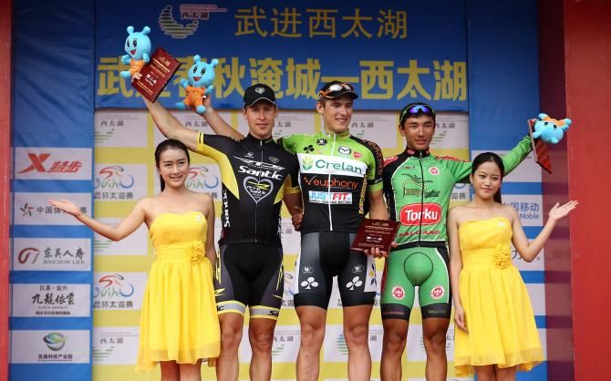 The stage 8 podium at Tour of Taihu: Boris Shpilevsky, Jonathan Breyne and Ahmet &Ouml;rken