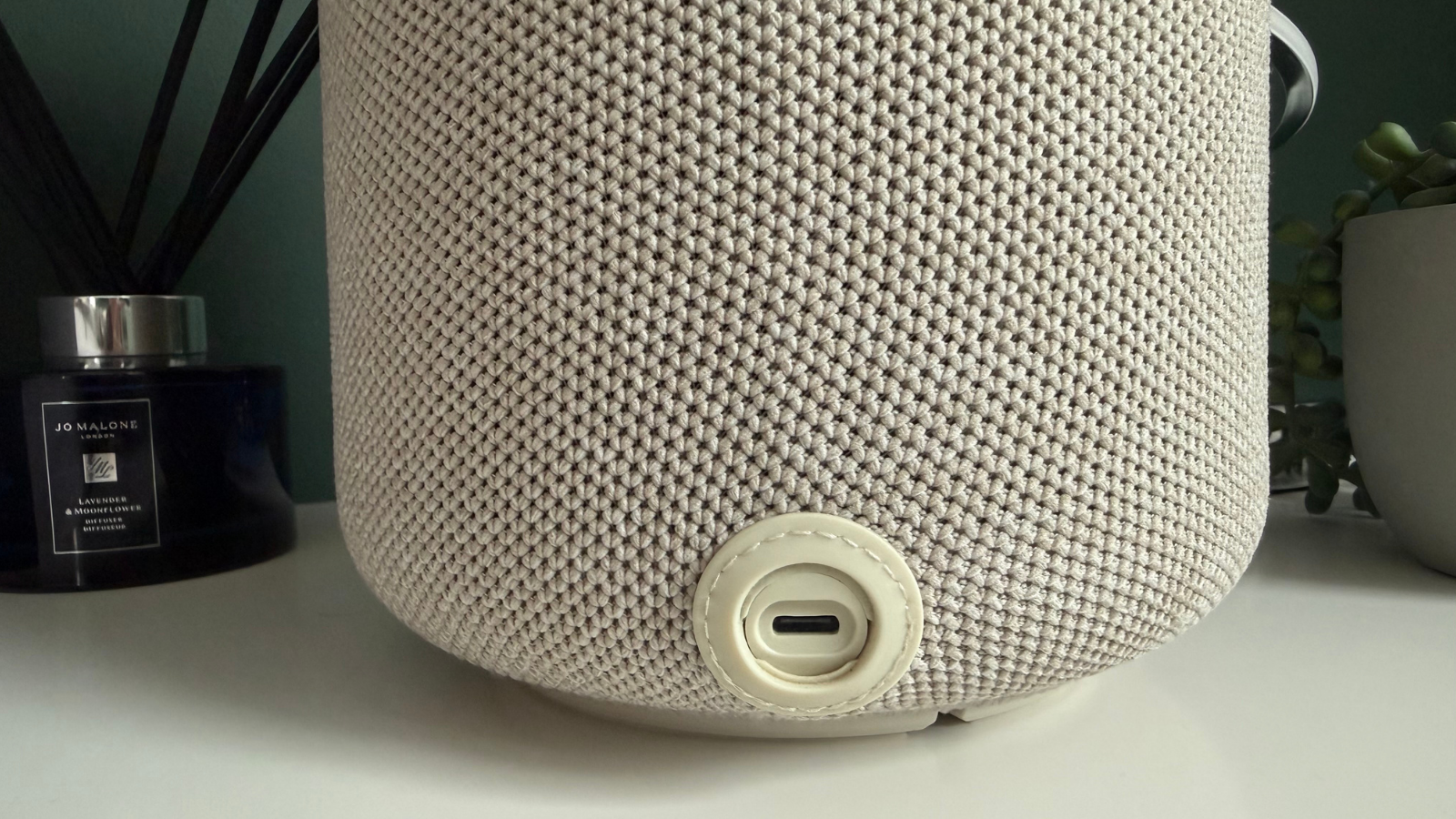 Rear USB-C charging port on the Blueair Mini Restful sunrise alarm clock and air purifier