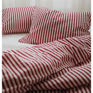 Red Striped Cotton King/Queen Duvet Cover Set